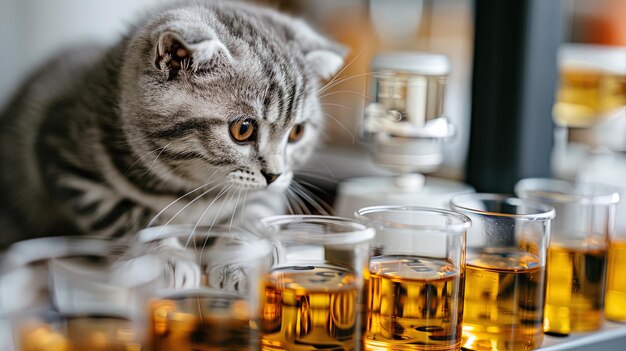 Photo humorous illustration of a cat as a scientist showcasing its cleverness and curiosity as it invest