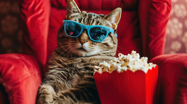 A humorous image of a striped cat in blue sunglasses relaxing with a popcorn bucket