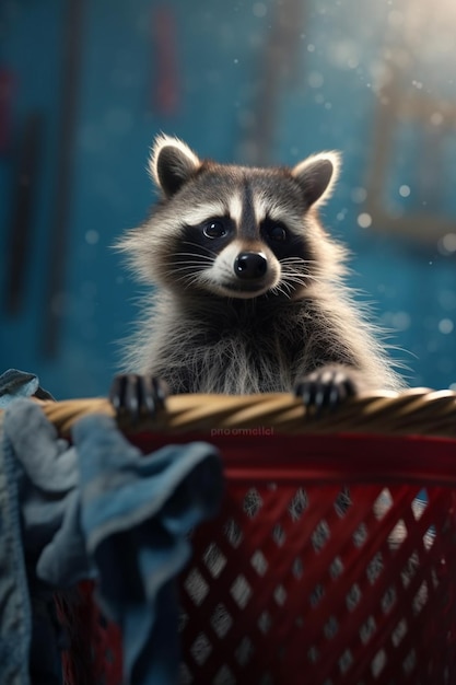 A humorous raccoon with a laundry basket doing the laundry AI generated