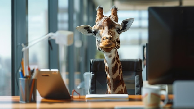 A humorous scene of a giraffe dressed for work in an office