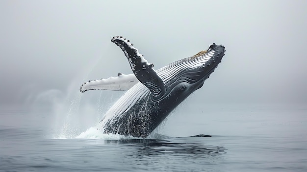 A humpback whale breaches the oceans surface sending a powerful spray of water into the air