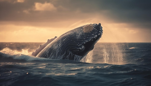 雄大な夕日の海景でザトウクジラがブリーチし、人工知能によって生成されたスプレー滴が飛び散る