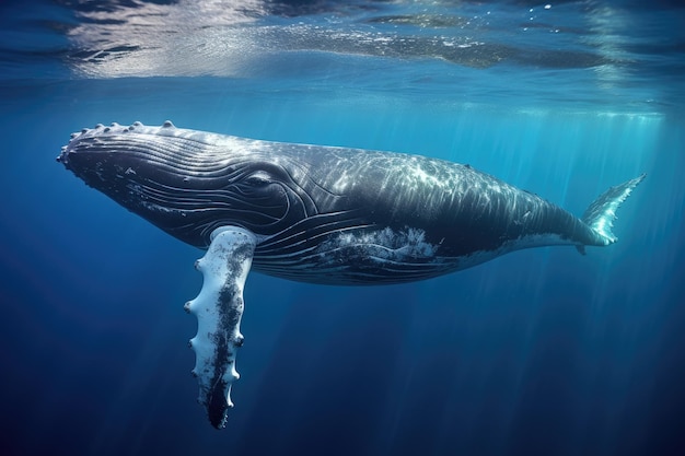 深い青い海のハンプバッククジラ 水中の野生動物のシーン 青い水で表面の近くで遊ぶハンプバンククジラの赤ちゃん AI生成