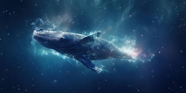 A humpback whale dives into a gaseous nebula of billions of stars