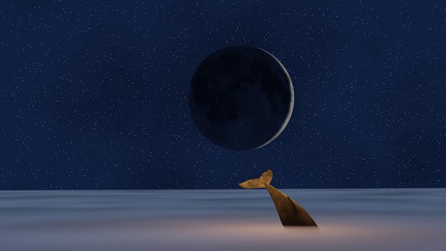 Горбатый кит летит на синем пушистом облачном самолете с гребнем луны и звездным полем на заднем плане