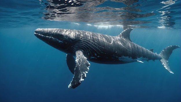 ハンプバッククジラが青い水面の近くで泳いでいます