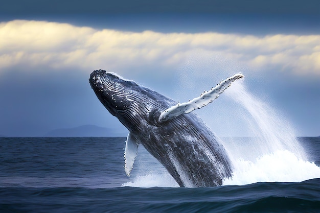 Humpback whale jumping from water against backdrop of seascape