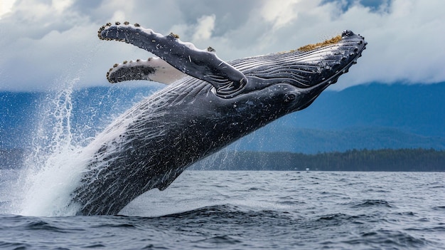 Горбатый кит прыгает из воды