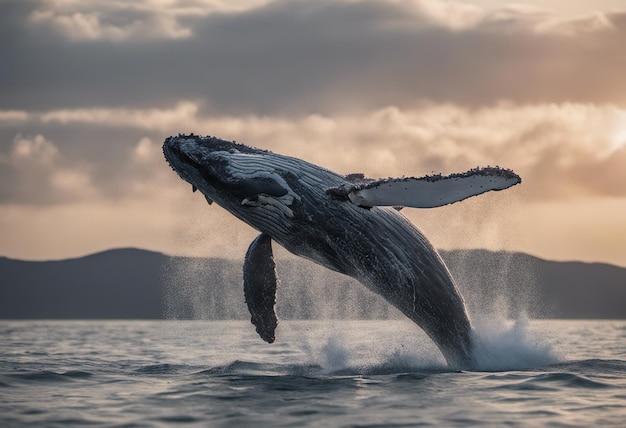 Humpback whale jumping out of the water at sunset in the ocean