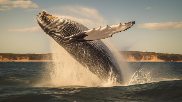 Humpback whale jumping out of the water whale is spraying water and fall on its back AI Generative