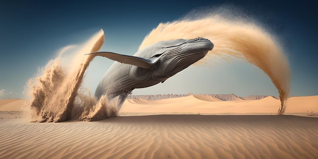 A humpback whale jumps in the desert