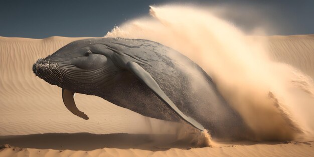 A humpback whale jumps out of the sand in the desert.