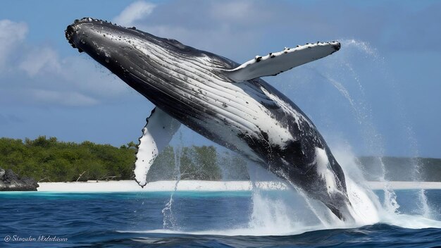 Горбатый кит прыгает из воды красивый прыжок Мадагаскар остров Сент-Мэри