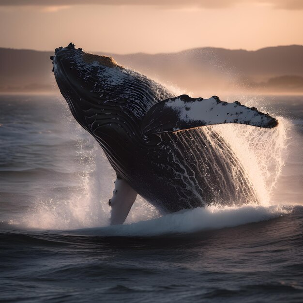 A humpback whale jumps out of the water at sunset.