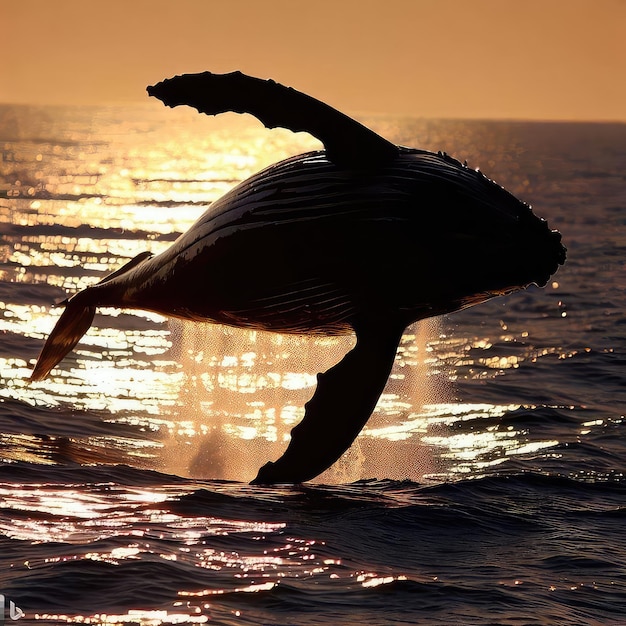 Foto una megattera salta fuori dall'acqua al tramonto.