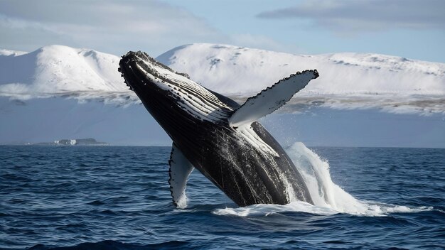 Photo humpback whale megaptera novaeangliae breaching near husavik city in iceland