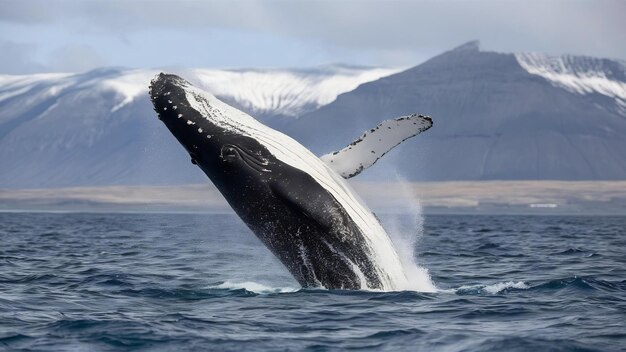 Photo humpback whale megaptera novaeangliae breaching near husavik city in iceland