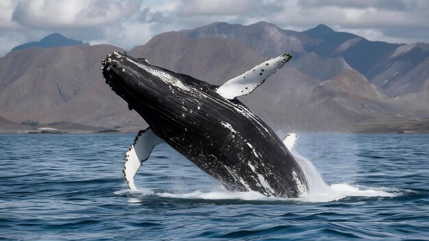 Photo humpback whale megaptera novaeangliae jumping over water in peru