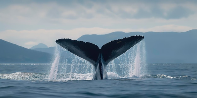 ザトウクジラが力強い尾を海面に上げている クジラが水を噴霧している