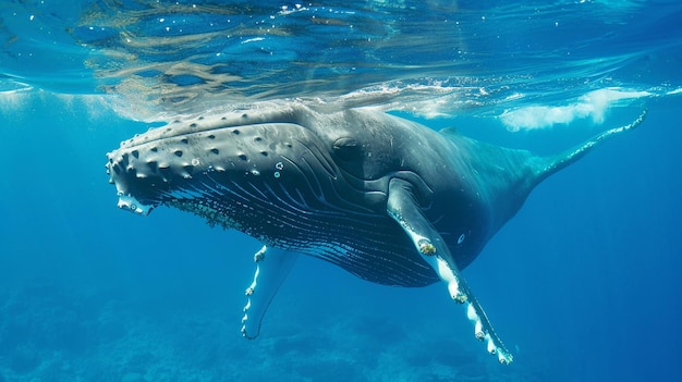 Humpback whale swimming in the blue sea near the surface underwater view