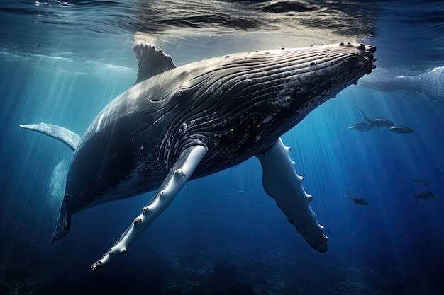 Humpback whale swimming in deep blue ocean This is a 3d render illustration Humpback whale underwater in the Caribbean AI Generated