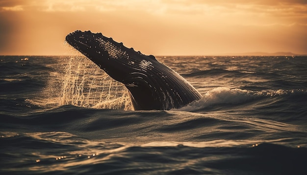 Humpback whale swimming in tranquil seascape at dusk generated by artificial intelligence