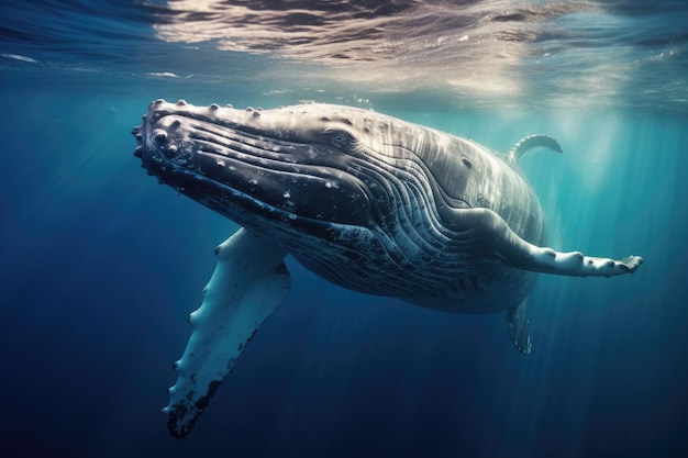 Humpback whale swimming underwater in deep blue ocean This file is cleaned and retouched A Baby Humpback Whale Plays Near the Surface in Blue Water AI Generated