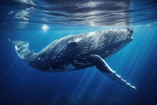 Humpback whale swimming underwater in deep blue ocean This image is a 3d render illustration Humpback whale swimming in deep blue ocean Underwater photography AI Generated