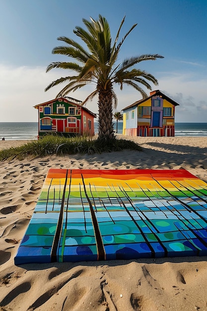 Hundertwasser style painting on a beach with palmes