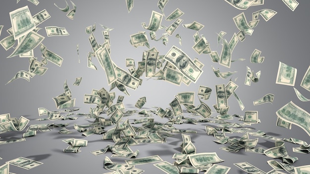 hundred dollar banknotes fall on graund on grey background