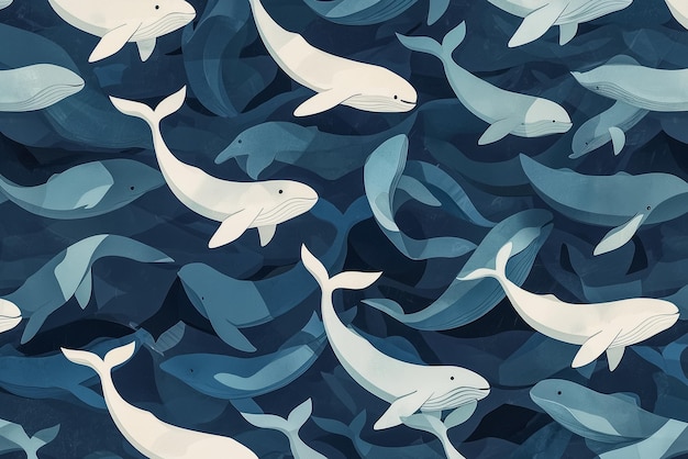 何百もの可愛い小さなクジラが パッケージデザインのためのシームレスなレトロテクスチャーを形成しています