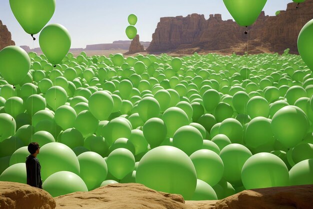 Hundreds of green balloons fly around alula in saudi arabia