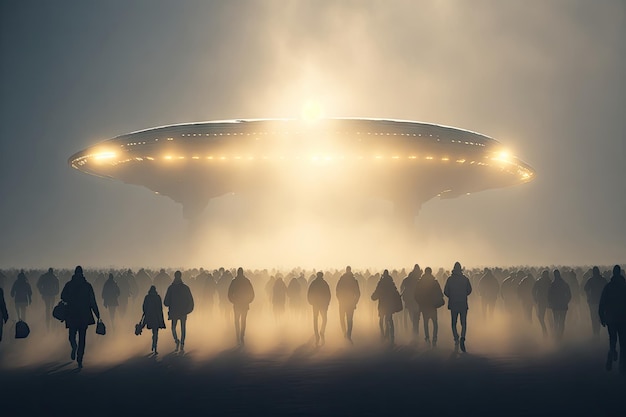 Hundreds of people walking towards a large ufo ai generative