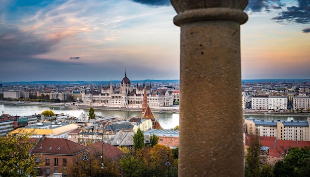 Hungarian parliament building in budapest amazing view from fishermans bastion during sunset