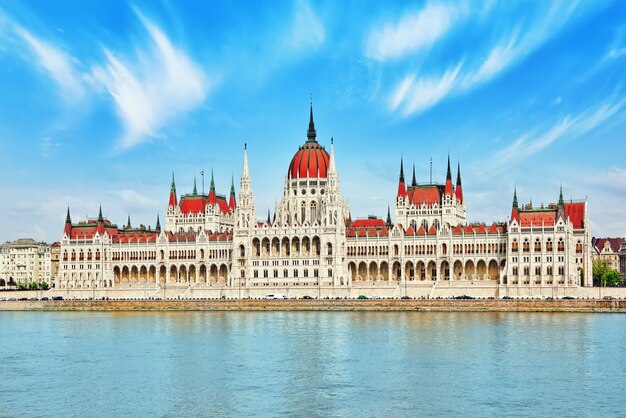 Венгерский парламент в дневное время. Будапешт. Вид со стороны реки Дунай. Венгрия
