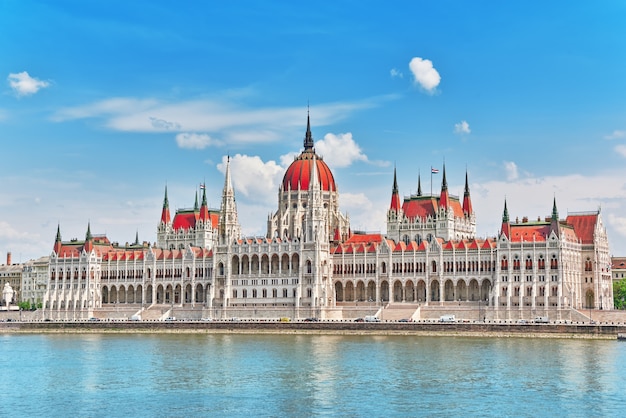 Hungarian Parliament at daytime. Budapest. View from Danube riverside.Hungary