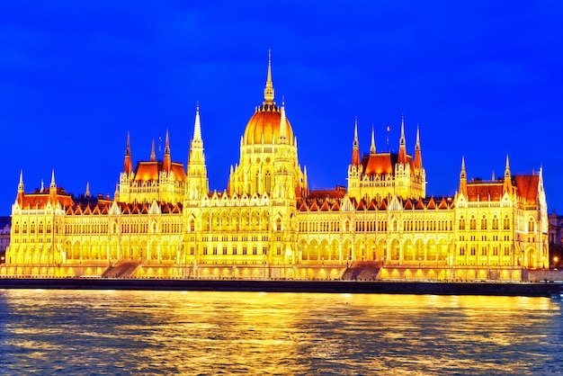 Hungarian Parliament at evening. Budapest. One of the most beautiful buildings in the Hungarian capital.