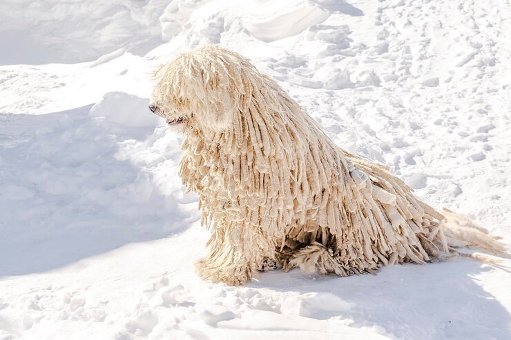 カルパティア山脈ウクライナ ヨーロッパの冬に雪の上に横たわる屋外ドレッドヘアを持つハンガリーの白い純血種プーリー犬シェパード犬ペット