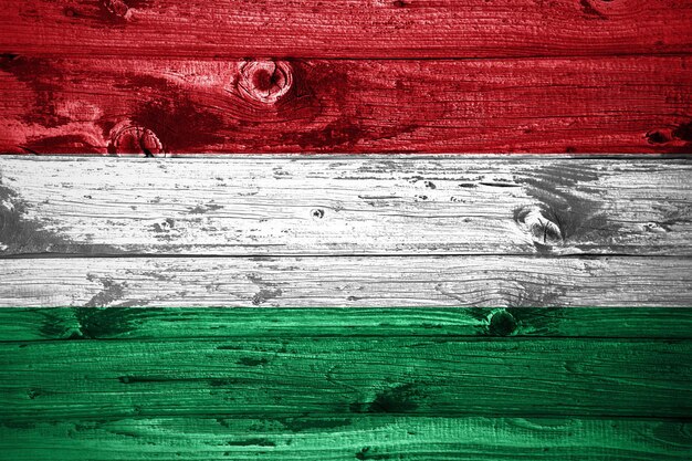 Photo hungary flag on wooden planks background wood flag