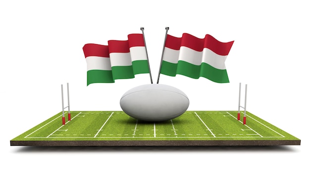 Hungary flags with a rugby ball and pitch 3D Rendering