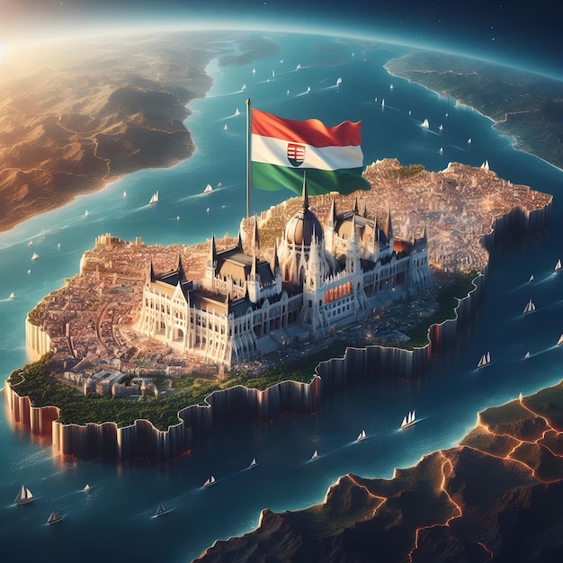 Hungary map with waving flag of country realistic photo