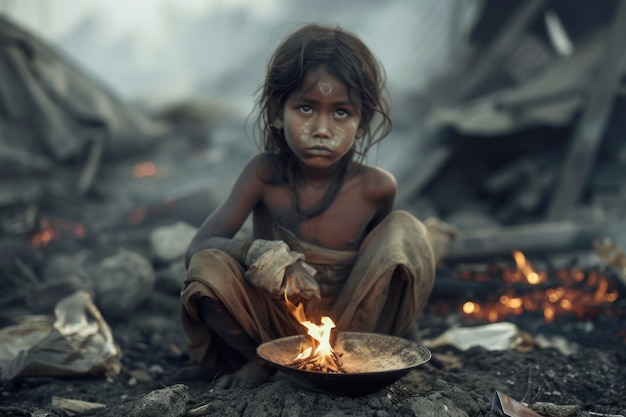 餓  貧困  人類の大きな世界的な社会的無声の問題  汚いスラムから来た子供たちと大人たち