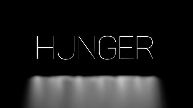 Foto hunger testo bianco al neon su sfondo nero con riflesso dal pavimento rendering 3d