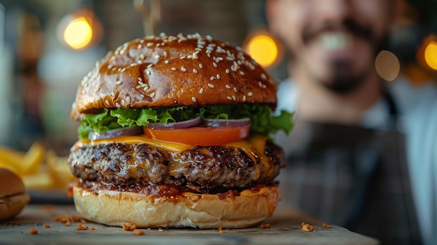 写真 ハンバーガーを食べているえた男