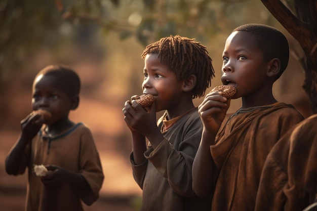 Photo hungry african children are given food food in the village