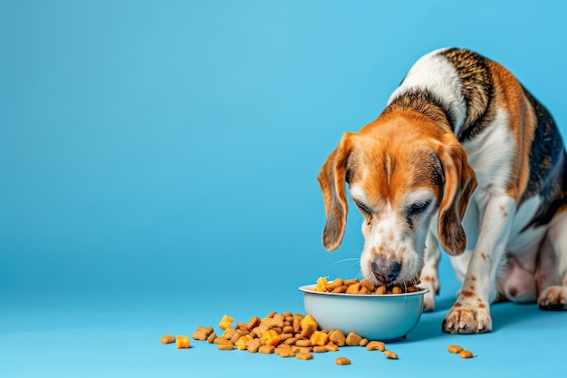 Photo hungry beagle dog eating dry kibble from bowl with spilled dog food on blue background pet