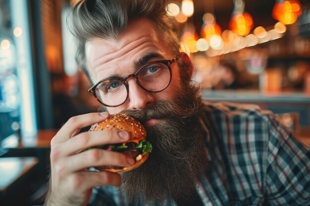 Photo hungry bearded man eating yummy burger in cafe generate ai