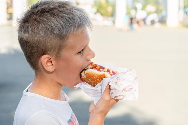 写真 晴れた日にホットドッグを外で食べている空腹な男の子が 公共の公園で満足のいく食べ物を食べています