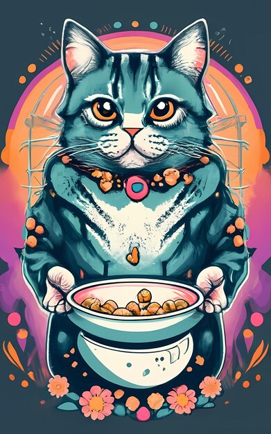 Hungry Cat Holding Food Bowl