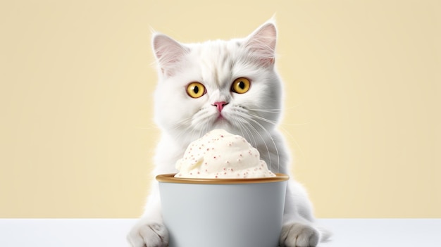 Hungry cat sitting next to bowl of food at home kitchen and looking at camera